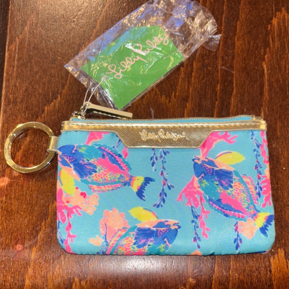Lilly Pulitzer Blue and Pink Fish Print Pouch shorley Blue.